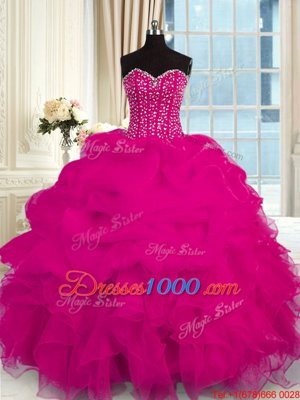 Enchanting Fuchsia Ball Gowns Organza Sweetheart Sleeveless Beading and Ruffles Floor Length Lace Up Sweet 16 Dresses