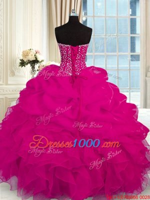 Enchanting Fuchsia Ball Gowns Organza Sweetheart Sleeveless Beading and Ruffles Floor Length Lace Up Sweet 16 Dresses