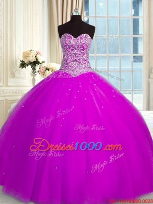 Edgy Sequins Sweetheart Sleeveless Lace Up Sweet 16 Dress Fuchsia Organza