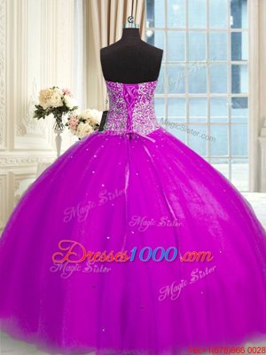 Edgy Sequins Sweetheart Sleeveless Lace Up Sweet 16 Dress Fuchsia Organza