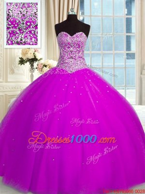 Edgy Sequins Sweetheart Sleeveless Lace Up Sweet 16 Dress Fuchsia Organza