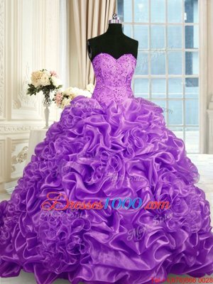Sleeveless Beading and Pick Ups Lace Up Sweet 16 Dress with Fuchsia Sweep Train