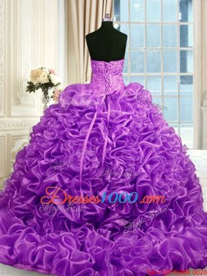 Sleeveless Beading and Pick Ups Lace Up Sweet 16 Dress with Fuchsia Sweep Train