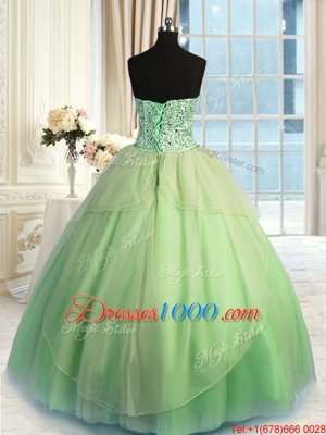 Dynamic Sleeveless Floor Length Beading and Ruching Lace Up Quinceanera Dress with Green