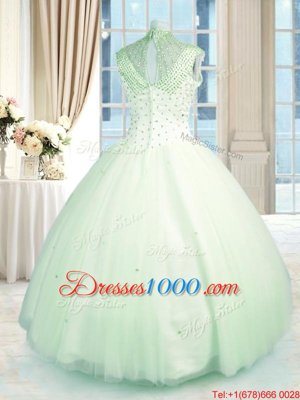 Floor Length Zipper Vestidos de Quinceanera Apple Green and In for Military Ball and Sweet 16 and Quinceanera with Beading