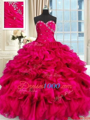Hot Pink Organza Lace Up Sweetheart Sleeveless Floor Length Quinceanera Gowns Beading and Ruffles