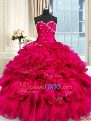 Hot Pink Organza Lace Up Sweetheart Sleeveless Floor Length Quinceanera Gowns Beading and Ruffles