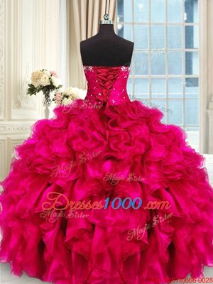 Hot Pink Organza Lace Up Sweetheart Sleeveless Floor Length Quinceanera Gowns Beading and Ruffles