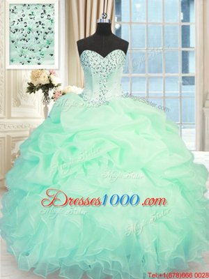 Best Apple Green Lace Up Sweetheart Beading and Ruffles Quinceanera Dress Organza Sleeveless