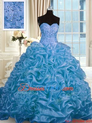 Blue Quinceanera Dresses Military Ball and Sweet 16 and Quinceanera and For with Beading and Pick Ups Sweetheart Sleeveless Sweep Train Lace Up