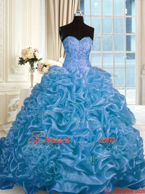 Blue Quinceanera Dresses Military Ball and Sweet 16 and Quinceanera and For with Beading and Pick Ups Sweetheart Sleeveless Sweep Train Lace Up