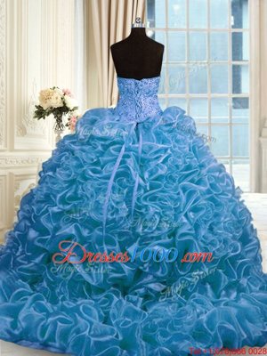Blue Quinceanera Dresses Military Ball and Sweet 16 and Quinceanera and For with Beading and Pick Ups Sweetheart Sleeveless Sweep Train Lace Up