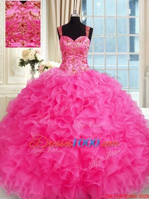 Fabulous Hot Pink Sleeveless Floor Length Embroidery and Ruffles Lace Up Quinceanera Dresses