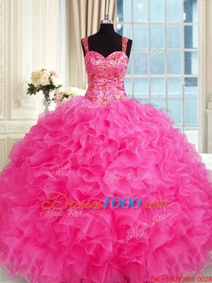 Fabulous Hot Pink Sleeveless Floor Length Embroidery and Ruffles Lace Up Quinceanera Dresses