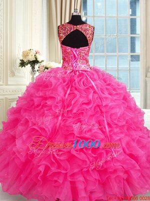 Fabulous Hot Pink Sleeveless Floor Length Embroidery and Ruffles Lace Up Quinceanera Dresses