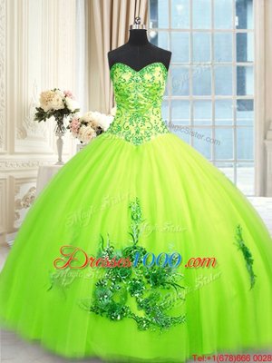 High Quality Yellow Green Quinceanera Gown Military Ball and Sweet 16 and Quinceanera and For with Beading and Appliques and Embroidery Sweetheart Sleeveless Lace Up