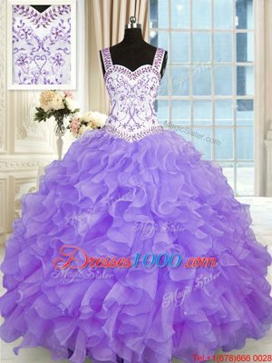 Lavender Sweetheart Neckline Beading and Appliques and Ruffles 15th Birthday Dress Sleeveless Lace Up
