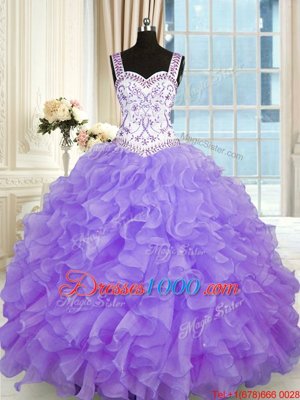 Lavender Sweetheart Neckline Beading and Appliques and Ruffles 15th Birthday Dress Sleeveless Lace Up