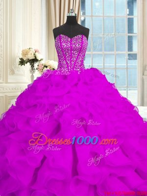 Adorable Purple Sleeveless Brush Train Beading and Ruffles With Train Quinceanera Gowns