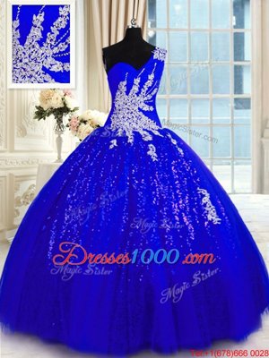Colorful One Shoulder Sleeveless Tulle and Sequined Floor Length Lace Up Sweet 16 Quinceanera Dress in Royal Blue for with Appliques