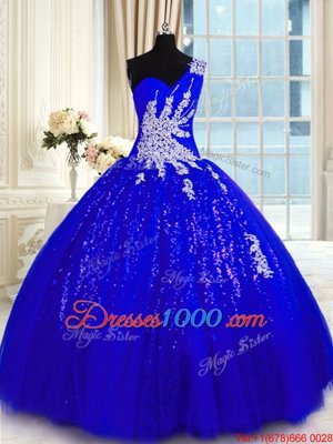 Colorful One Shoulder Sleeveless Tulle and Sequined Floor Length Lace Up Sweet 16 Quinceanera Dress in Royal Blue for with Appliques