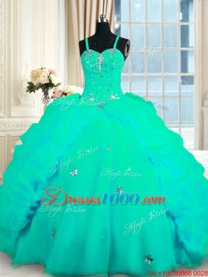 Glamorous Turquoise Sleeveless With Train Beading and Ruffles Lace Up Quinceanera Gowns