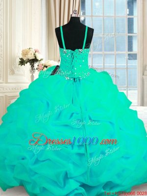 Glamorous Turquoise Sleeveless With Train Beading and Ruffles Lace Up Quinceanera Gowns