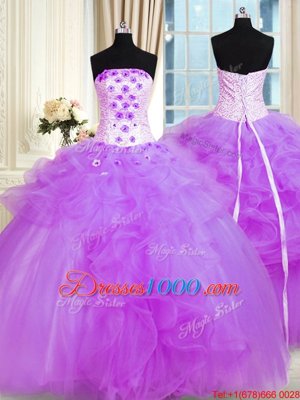 Purple Sleeveless Floor Length Pick Ups and Hand Made Flower Lace Up Ball Gown Prom Dress