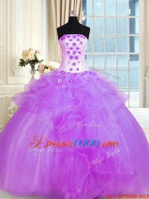 Purple Sleeveless Floor Length Pick Ups and Hand Made Flower Lace Up Ball Gown Prom Dress