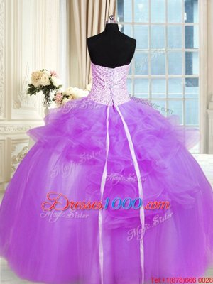 Purple Sleeveless Floor Length Pick Ups and Hand Made Flower Lace Up Ball Gown Prom Dress