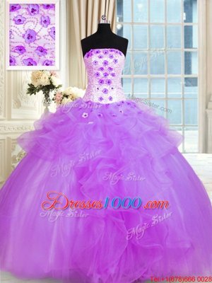 Purple Sleeveless Floor Length Pick Ups and Hand Made Flower Lace Up Ball Gown Prom Dress