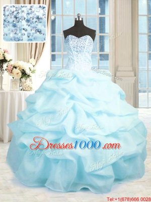 Glorious Baby Blue Sleeveless Organza Lace Up Quinceanera Dresses for Military Ball and Sweet 16 and Quinceanera
