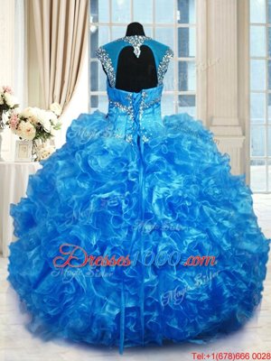 Cap Sleeves Lace Up Floor Length Beading and Ruffles Sweet 16 Dresses