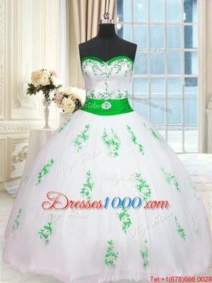 Sumptuous White Quinceanera Gowns Military Ball and Sweet 16 and Quinceanera and For with Appliques and Belt Sweetheart Sleeveless Lace Up