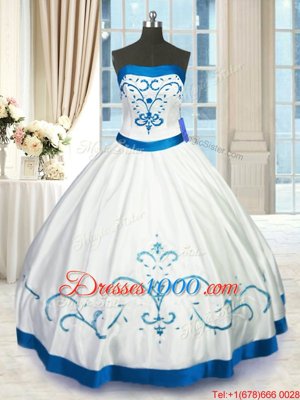Charming White Lace Up Strapless Beading and Embroidery Quinceanera Gowns Satin Sleeveless