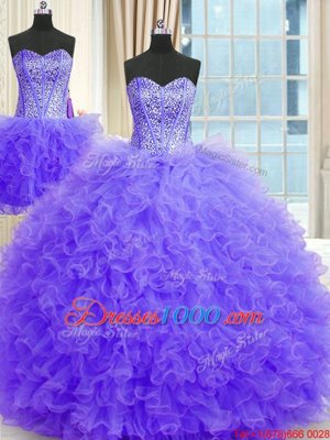 Adorable Three Piece Lavender Ball Gowns Tulle Strapless Sleeveless Beading and Ruffles Floor Length Lace Up Vestidos de Quinceanera