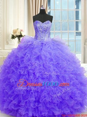 Adorable Three Piece Lavender Ball Gowns Tulle Strapless Sleeveless Beading and Ruffles Floor Length Lace Up Vestidos de Quinceanera