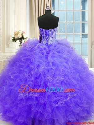 Adorable Three Piece Lavender Ball Gowns Tulle Strapless Sleeveless Beading and Ruffles Floor Length Lace Up Vestidos de Quinceanera