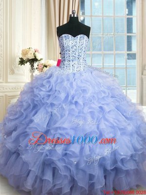 Smart Sleeveless Floor Length Beading and Ruffles Lace Up 15th Birthday Dress with Lavender