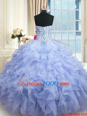 Smart Sleeveless Floor Length Beading and Ruffles Lace Up 15th Birthday Dress with Lavender