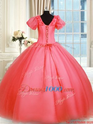 Latest Organza Short Sleeves Floor Length Vestidos de Quinceanera and Appliques
