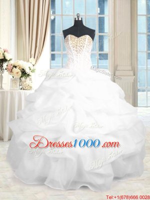 Fantastic Organza Sweetheart Sleeveless Lace Up Beading and Ruffles Ball Gown Prom Dress in White