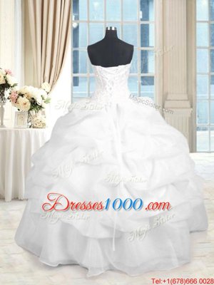 Fantastic Organza Sweetheart Sleeveless Lace Up Beading and Ruffles Ball Gown Prom Dress in White