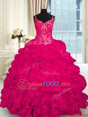 Luxurious Hot Pink Ball Gowns Organza Spaghetti Straps Sleeveless Beading and Embroidery and Ruffles Lace Up Sweet 16 Dress Brush Train