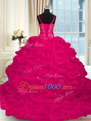 Luxurious Hot Pink Ball Gowns Organza Spaghetti Straps Sleeveless Beading and Embroidery and Ruffles Lace Up Sweet 16 Dress Brush Train
