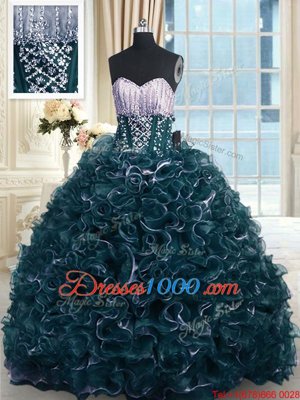 Flare Teal Ball Gowns Sweetheart Sleeveless Organza With Brush Train Lace Up Beading and Ruffles Quinceanera Dresses