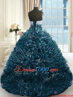 Flare Teal Ball Gowns Sweetheart Sleeveless Organza With Brush Train Lace Up Beading and Ruffles Quinceanera Dresses