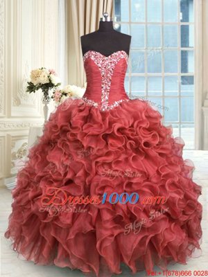 Graceful Floor Length Lace Up 15 Quinceanera Dress Rust Red and In for Military Ball and Sweet 16 and Quinceanera with Beading and Ruffles