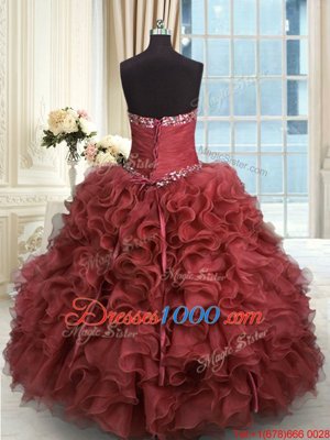 Graceful Floor Length Lace Up 15 Quinceanera Dress Rust Red and In for Military Ball and Sweet 16 and Quinceanera with Beading and Ruffles