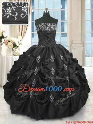 Floor Length Black Quinceanera Gown Taffeta Sleeveless Beading and Lace and Appliques and Pick Ups